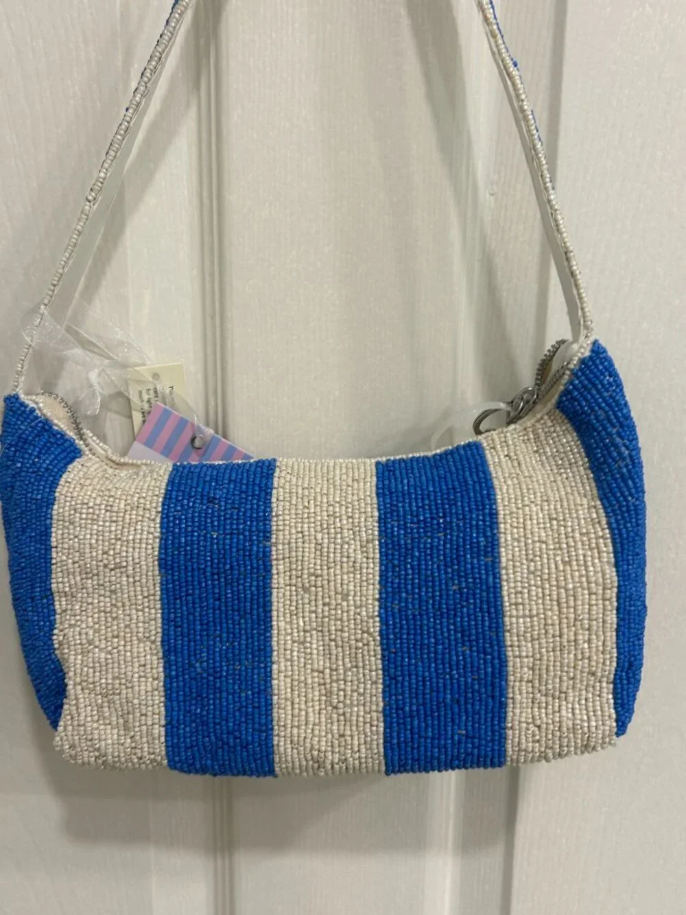 Beaded Bag Cocktails Drinks Blue White Striped Handcrafted in India w Charm